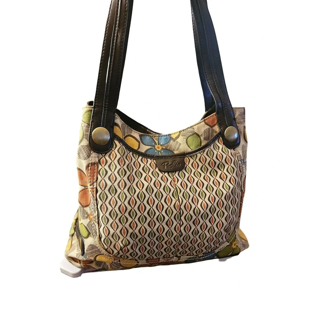 Relic Womens Retro Floral Canvas Hobo Shoulder Bag Brown Blue Yellow Multi Color